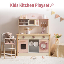 Robotime ROBUD Wooden Kids Pretend Play Kitchen Toddlers Aged 3+, Pink