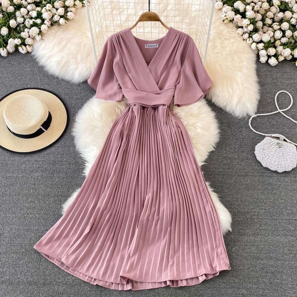 (pink, One Size) Midi Retro Dress Women's Solid Color V-neck Lace-up Waist Slim Midi Pleated Dress Office Lady