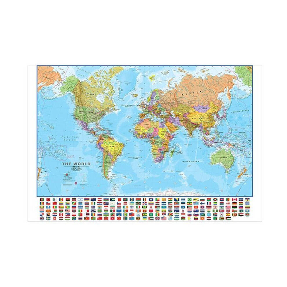 (80cm*60cm(Canvas)) The World Political Map With National Flags Canvas Painting Wall Art Poster School Supplies Living Room Decor Geography