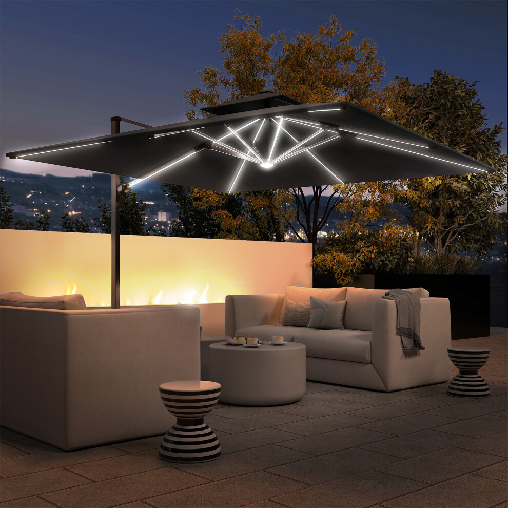Outsunny Garden Cantilever Parasol, Patio Umbrella w/ Solar LED Lights, Grey