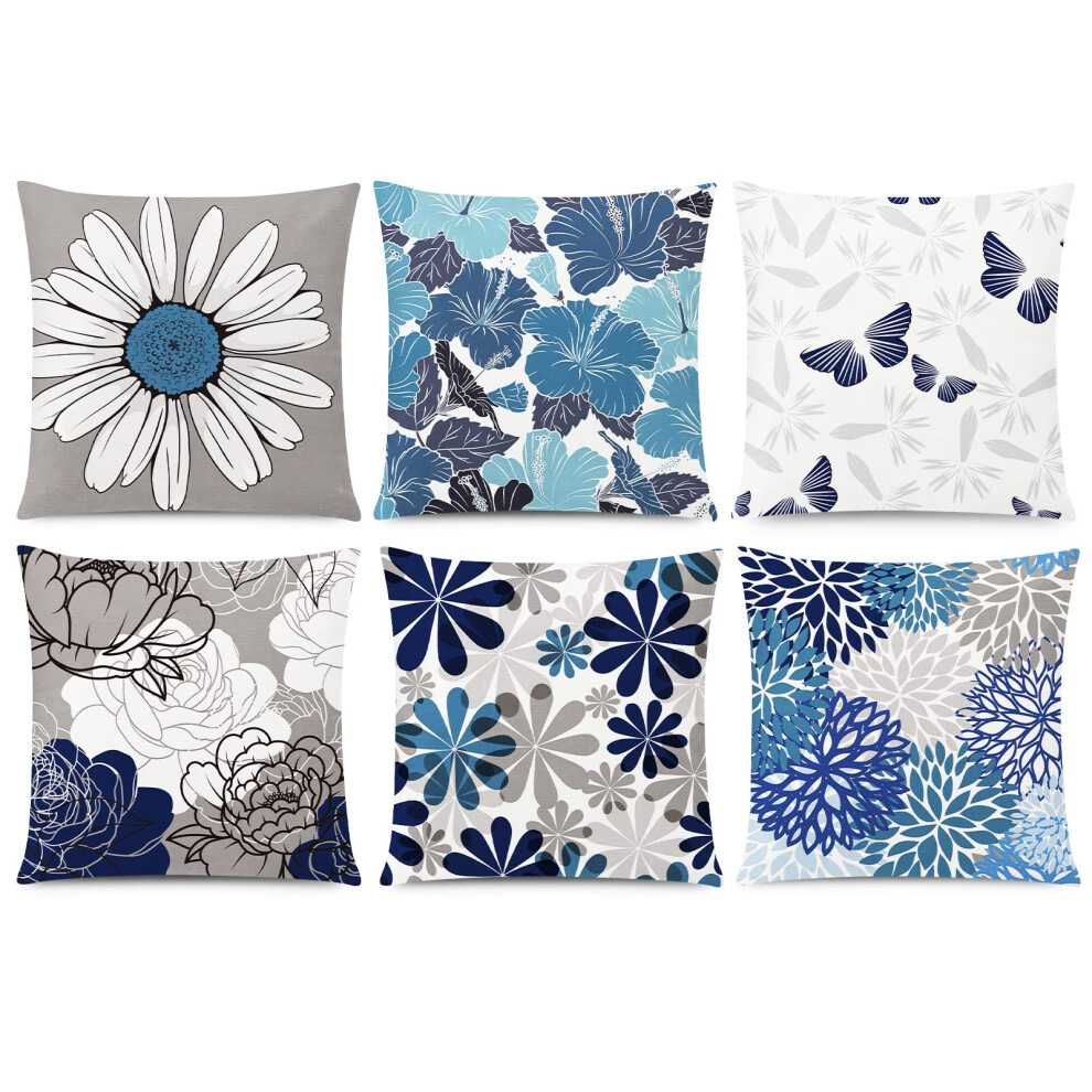 COMMINY Lot de 6 housses de coussin bleu gris 20x20 cm Motif marguerite d   corative pour canap    Housse de coussin de ferme moderne pour salon