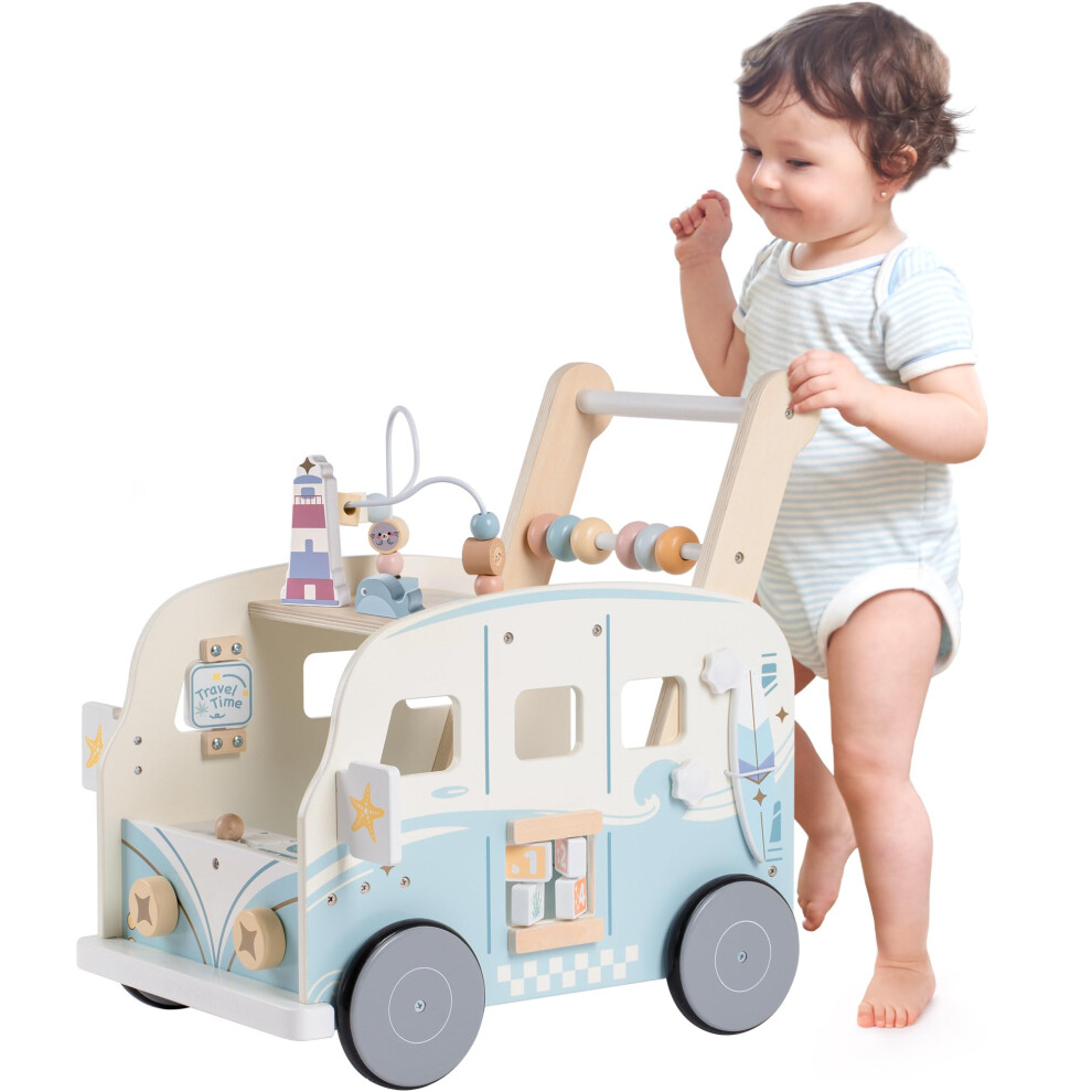 Robotime ROBUD Wooden Baby Walker Push for Toddler Age 3+, Holiday Bus