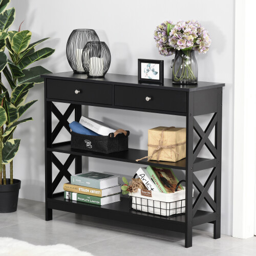 Homcom HOMCOM Console Table Side Desk Shelves Drawers Open Top X Support Hallway Black