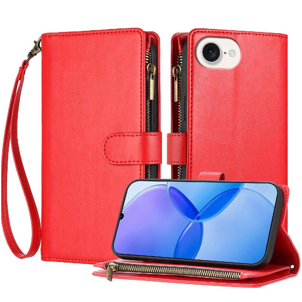 (Red) Case For Iphone 16E Handbag Cover Card Slots Wallet Zipper Folio Flip Pu Leather Red 764544170840