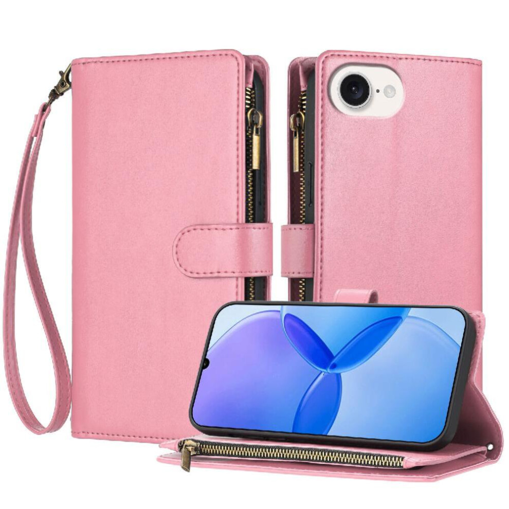(Pink) Case For Iphone 16E Handbag Cover Card Slots Wallet Zipper Folio Flip Pu Leather Pink 764544170864