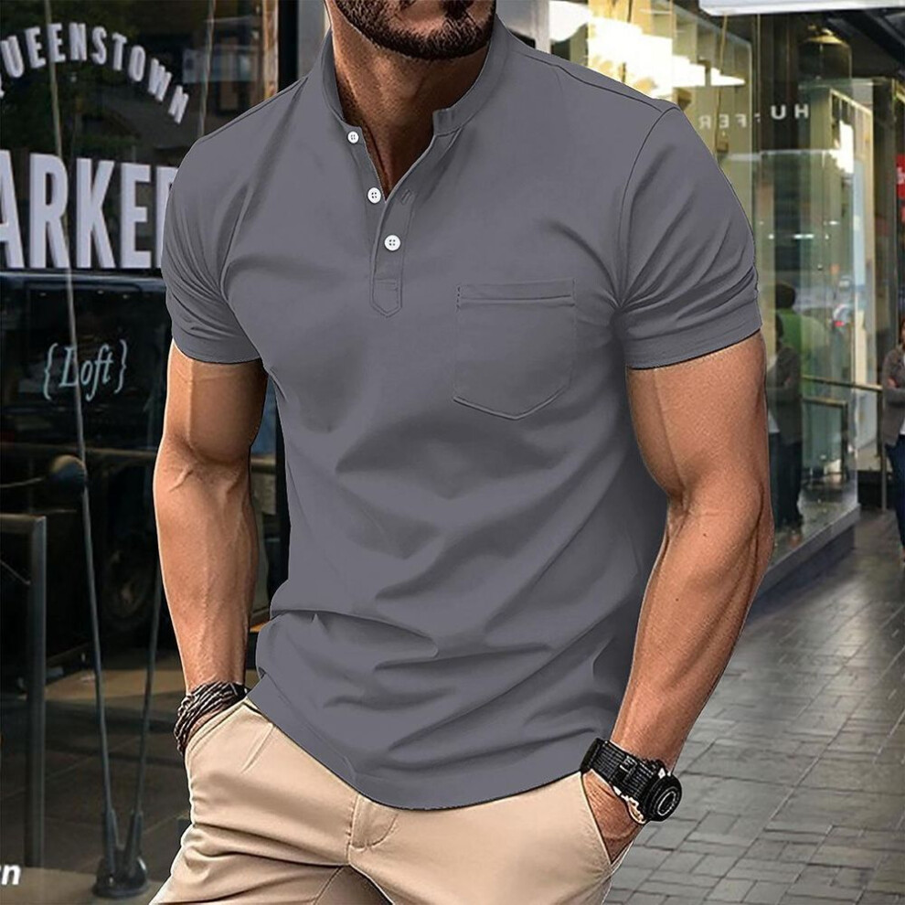 (grey, M) Men's Heavyweight Slim Stand Collar Henley Polo Shirt, Short Sleeve, New American Style