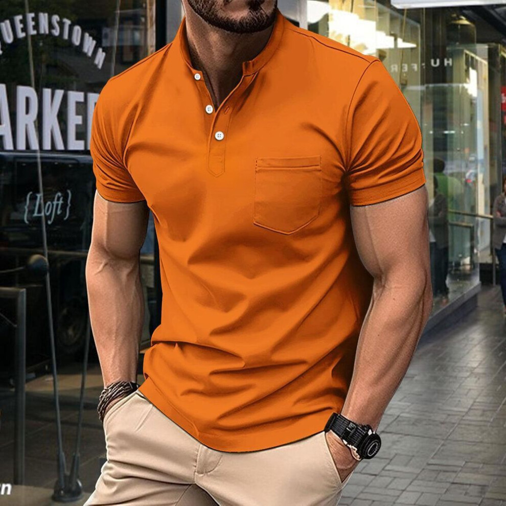 (orange, XXL) Men's Heavyweight Slim Stand Collar Henley Polo Shirt, Short Sleeve, New American Style