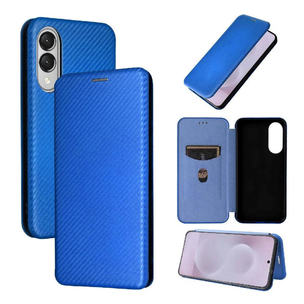 (Blue) Flip Case For Samsung Galaxy S25 Edge Card Insertion With Card Holder Kickstand Full Protection Magnetic Carbon Fiber Blue 764544173131