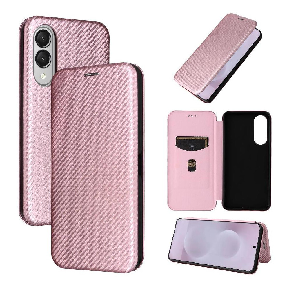 (Pink) Flip Case For Samsung Galaxy S25 Edge Card Insertion With Card Holder Kickstand Full Protection Magnetic Carbon Fiber Pink 764544173155