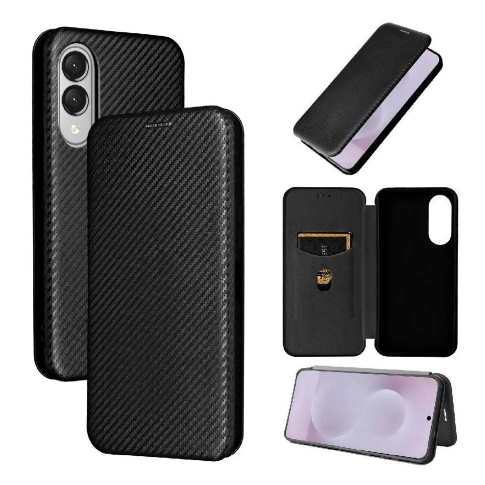 (Black) Flip Case For Samsung Galaxy S25 Edge Card Insertion With Card Holder Kickstand Full Protection Magnetic Carbon Fiber Black 764544173124