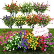 (A) 21 Bundles Outdoor Faux Plants UV Resistant Faux Bushes Plastic Artificial Flowers Fake Outdoor Plants for Home Garden Decor (7 Colors)
