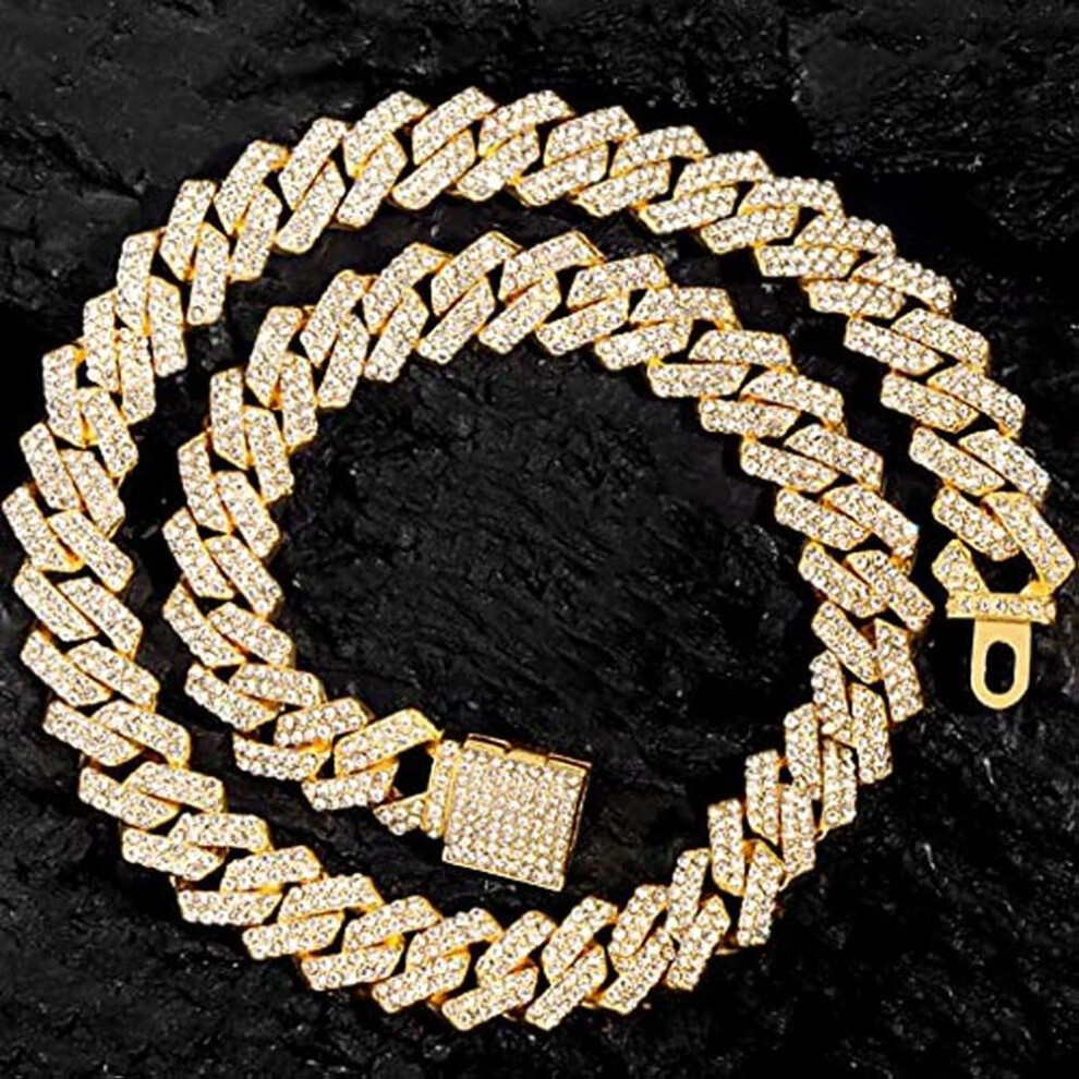 (Gold-55cm(22inch)) 14mm Cuban Link Chain For Men Iced Out Miami Cuban Link Chain Necklace Bracelet For Men Women Bling Diamond Cuban Chains Necklaces Hip Hop Jewelry