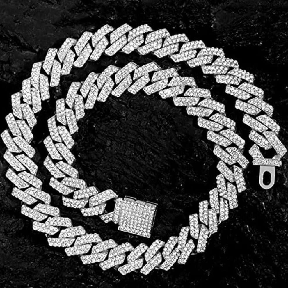 (Silver-60cm(24inch)) 14mm Cuban Link Chain For Men Iced Out Miami Cuban Link Chain Necklace Bracelet For Men Women Bling Diamond Cuban Chains Necklaces Hip Hop Jewelry