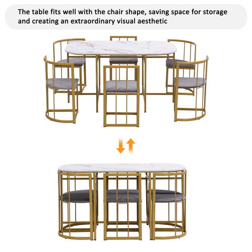 Six-Chair Dining Table Set, Modern Dining Table Combination, Gold 2