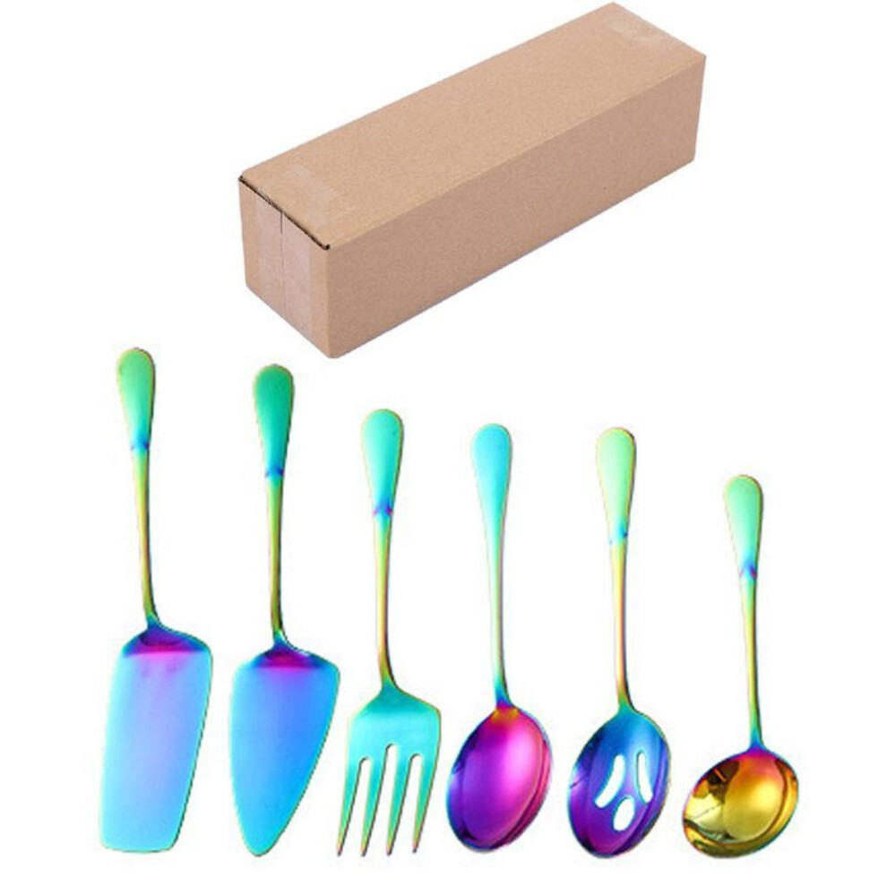 (Color 6-piece set + box) Household Stainless Steel Communal Tableware Banquet Pizza Shovel Western Food Service Spoon Fork Leakage Hotel Self-service Utility Set