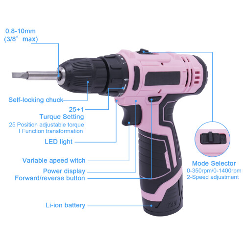 (21 Pieces) 12V Pink Electric Cordless Drill Combi Drill Set 1