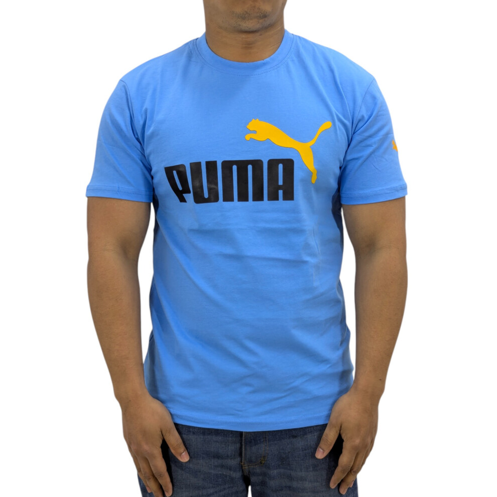 Puma (Steel Blue, S) Mens T Shirt Essentials Logo Crew Neck Pullover Top
