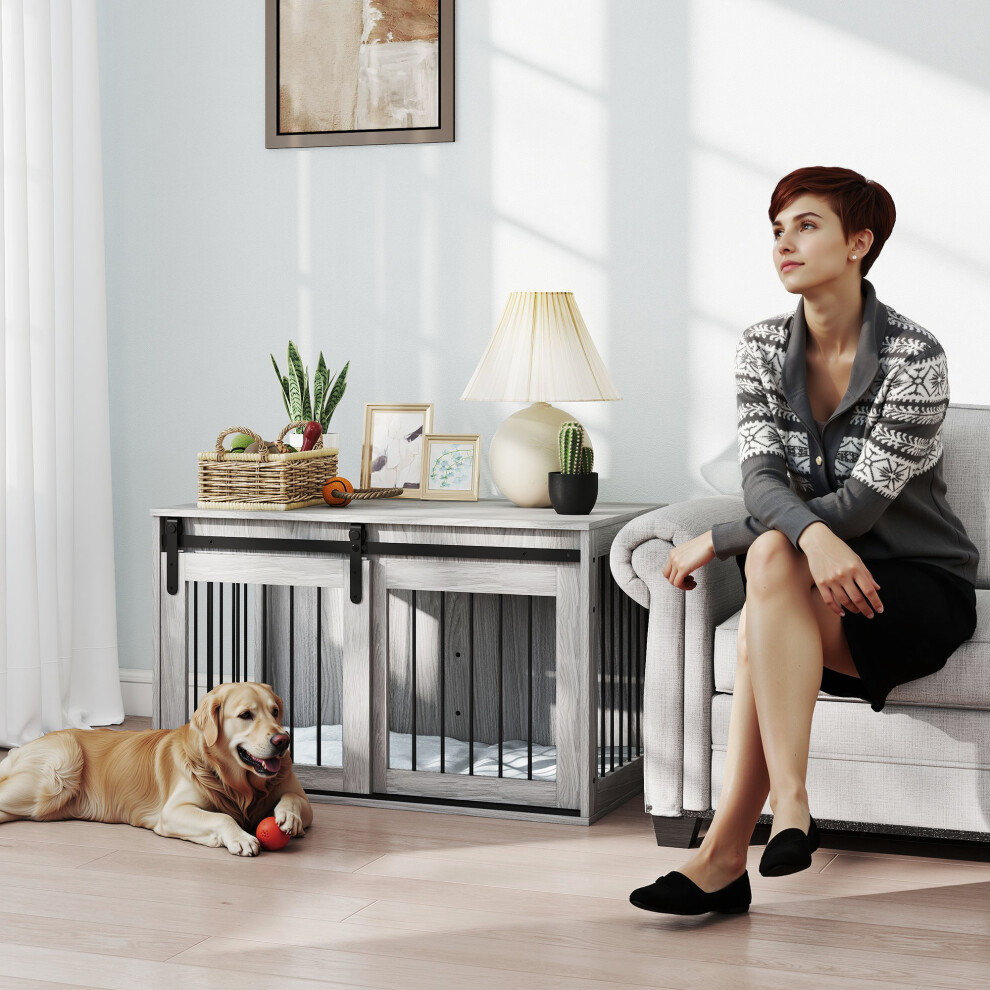 PawHut Dog Crate Furniture - Large Dogs - Grey - Removable Cushion - Stylish Side Table Design - Image 4