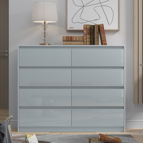 Grey 8 Drawer High Gloss Chest Sideboard Cabinet Handleless Sleek Design