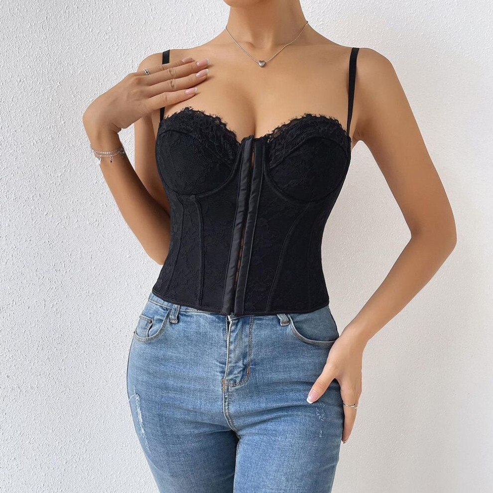 (M, black) Women's Sexy Solid Colour Lace Camisole Fishbone Steel Ring Wrapped Bust Row Buckle Backless Small Tank Top
