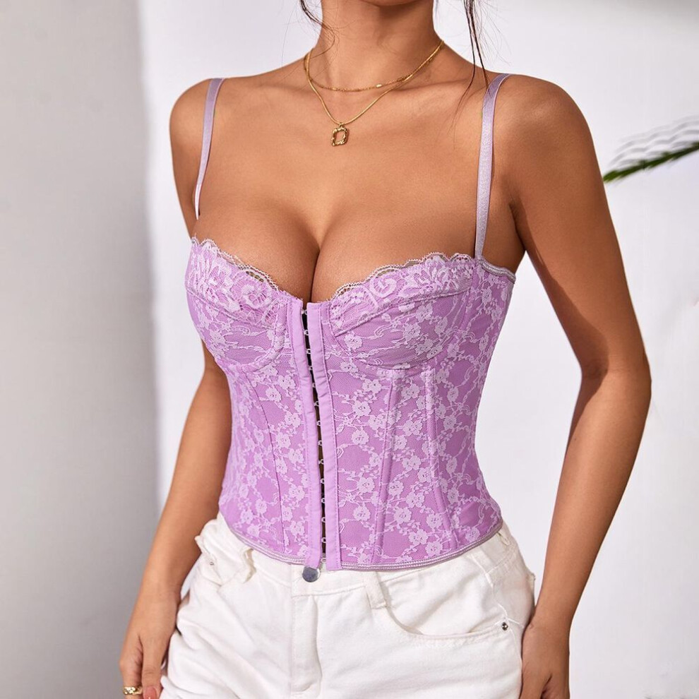 (M, purple) Women's Sexy Solid Colour Lace Camisole Fishbone Steel Ring Wrapped Bust Row Buckle Backless Small Tank Top
