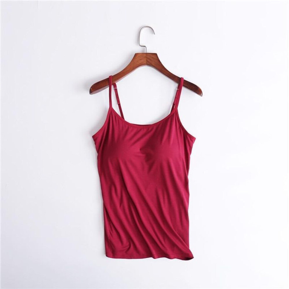(S, burgundy) Women's Modal with Padded Camisole Tank Top Without Steel Ring Cups One Body Outwear Bottoming Underwear Yoga Sports T-shirt