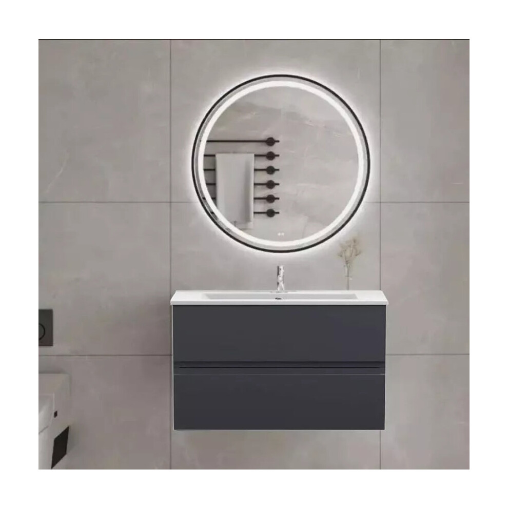 (700mm Vanity Unit and basin) Handleless Bathroom High Gloss Dark Grey Wall Hung Vanity Unit Sink Cabinet Basin Storage Furniture Door Toilet