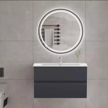 (600mm Vanity Unit and basin) Handleless Bathroom High Gloss Dark Grey Wall Hung Vanity Unit Sink Cabinet Basin Storage Furniture Door Toilet
