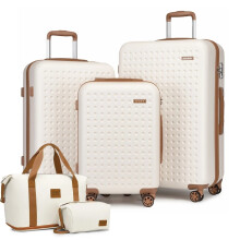 (Cream/Brown, 20+24+28Inch) 6 Pieces Hard Shell ABS Suitcase 4 Wheels Cabin Hand Luggage Set