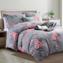 (Double: 200X200cm, Grey Bouquet) Hotel Quality Printed Duvet Cover Luxury Soft Bedding Reversible 3 Piece Quilt Covers