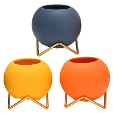 Kleine Blumenvase 3er-Set, Moderne Keramik für Wohnzimmerdekor Gelb Blau Orange Runde Kunstblumen