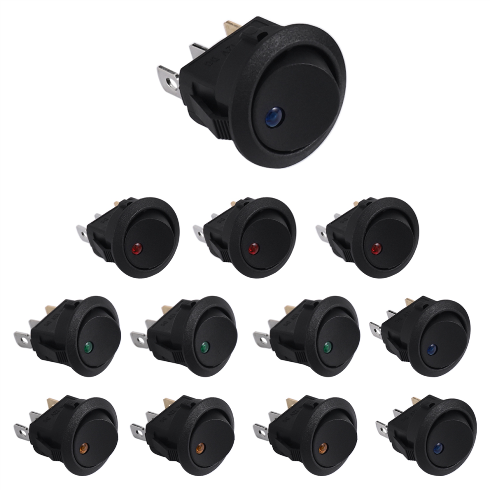 12Pcs Round Dot Lighted Rocker Switch Toggle 20A 12V Dc On/Off Spst Control, 3Blue+3Green+3Yellow+3Red 4852257182512