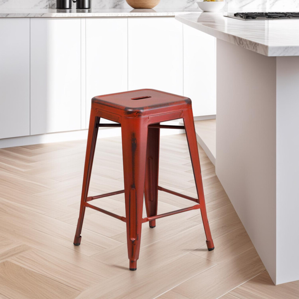 4pc 24-Inch Backless Metal Counter Stool Industrial Style Seating Red