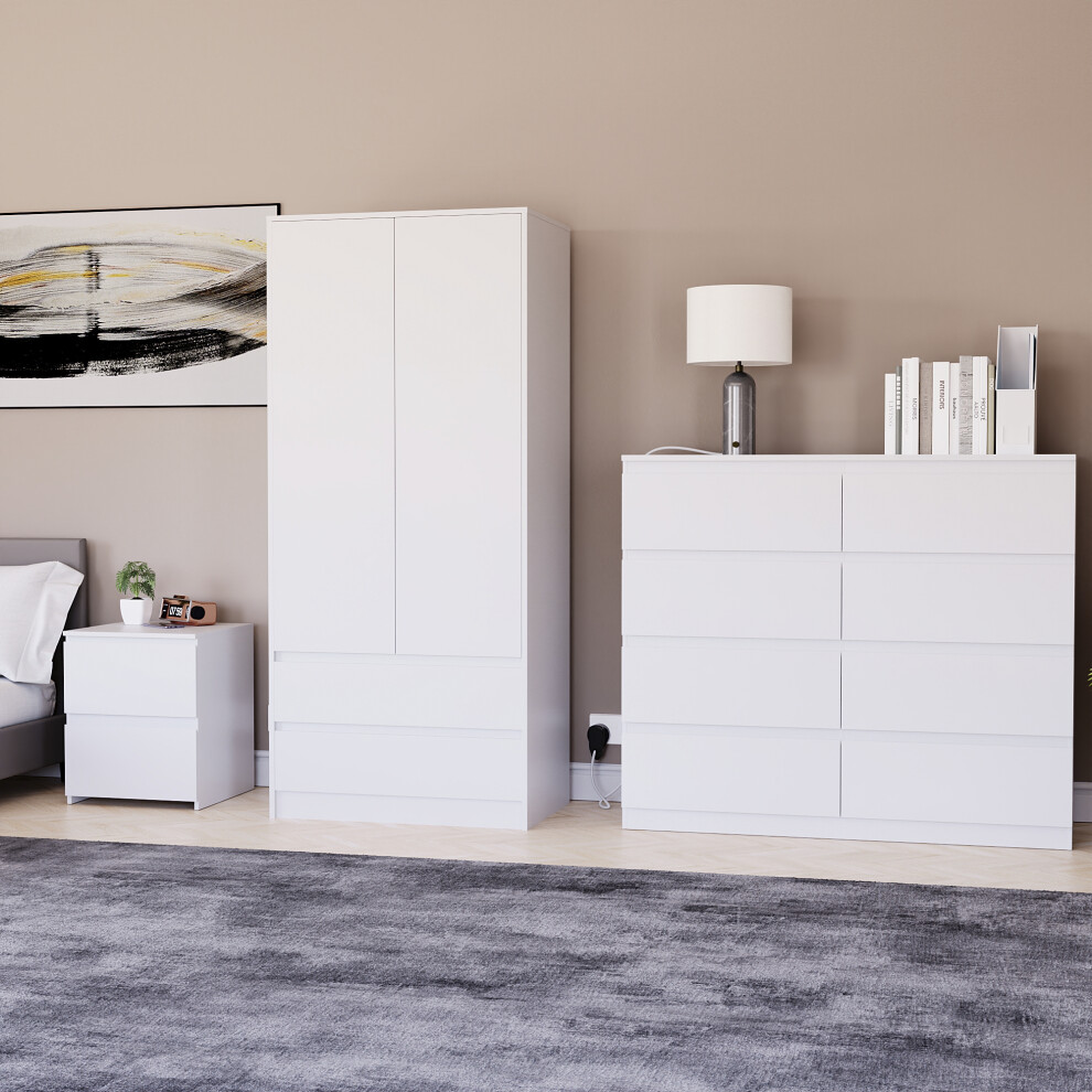 (White) Denver 3 Piece Bedroom Set Chest Wardrobe 5