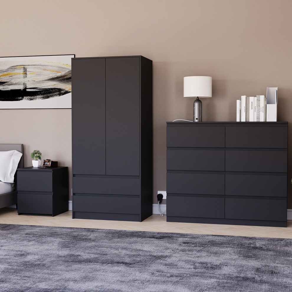 (Black) Denver 3 Piece Bedroom Set Chest Wardrobe 5