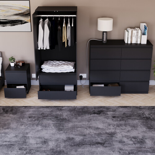 Vida Designs (Black) Denver 3 Piece Bedroom Set Chest Wardrobe 5 2