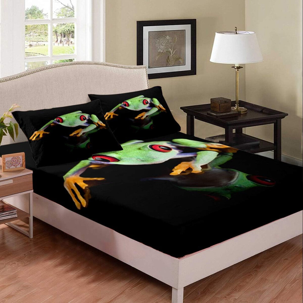 ((No Comforter)) Tbrand Lively 3D Frog Bedding Decor Set Double Size Red Eyed Frog Bedding Decor Set Tropical Insects Fitted Sheet & Pillow Sham Set Tropical Rain Anim