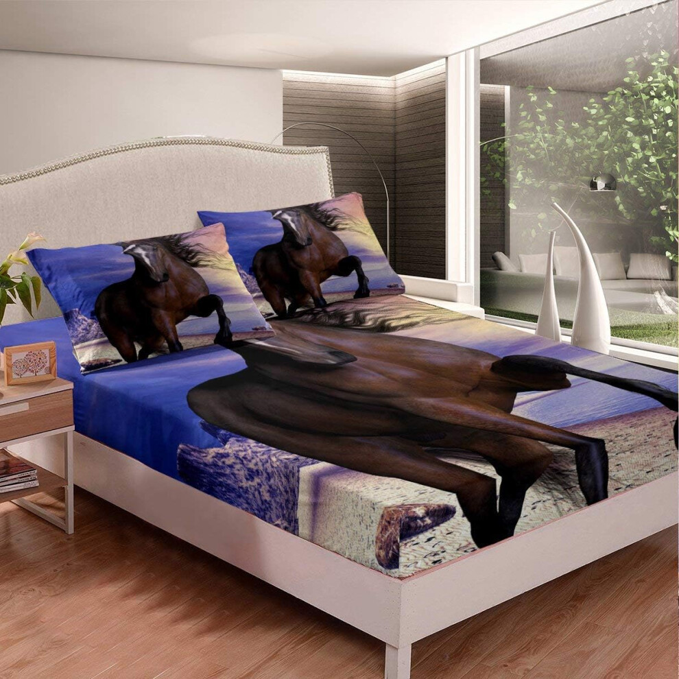 ((No Comforter)) Tbrand Horse,Kids Beach Theme Fitted Sheet & Pillow Sham Set Blue Ocean Sunset 3 Piece Bedding Decor Set Double Size for Youth Adult Women,Rustic