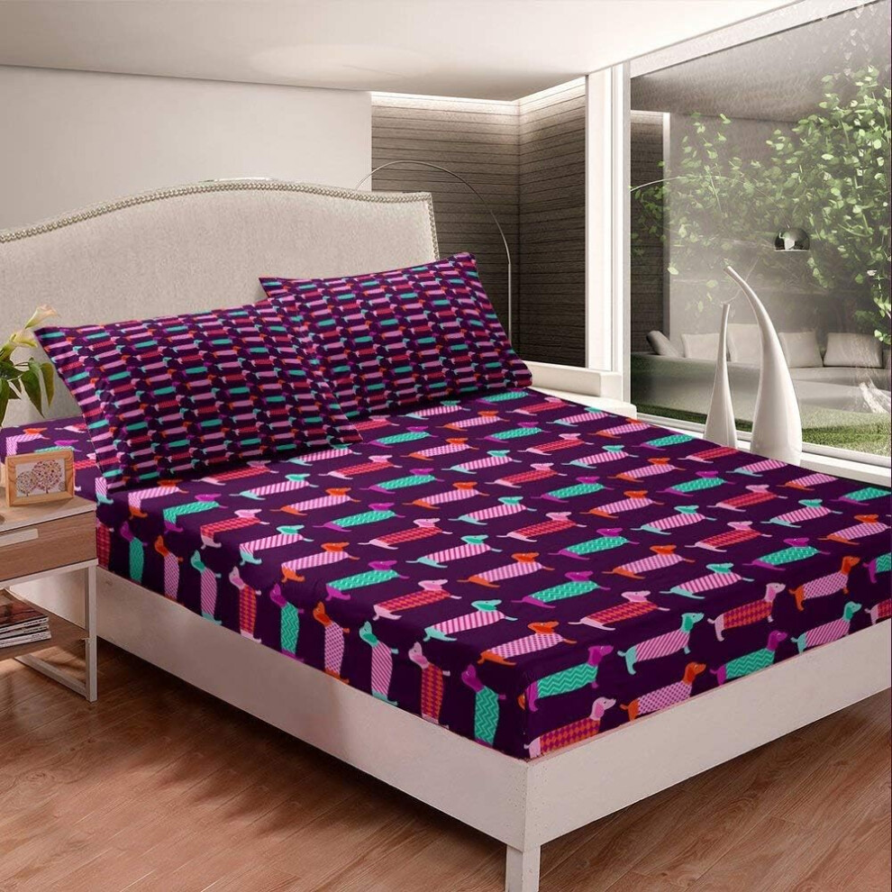 ((No Comforter)) Kids Dachshund Bedding Sets,Cute Sausage Dog Fitted Sheet & Pillow Sham Set for Boys Girls,Lovely Animal Pet 3 Piece Bedding Decor Set Purple Cartoon