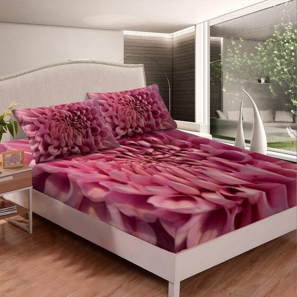 ((No Comforter)) Tbrand Pink Chrysanthemum Bedding Sets for Kids,Flower Close-Up Fitted Sheet & Pillow Sham Set Double Size,Floral Garden Theme Rustic Style 3 Piece