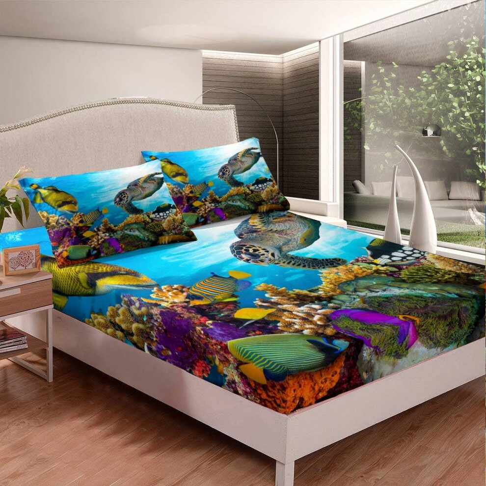 ((No Comforter)) Kids Sea Turtle Bedding Decor Set Deep Pocket,Tortoise Ocean Fitted Sheet & Pillow Sham Set For Children Boys Girls Underwater W Blue