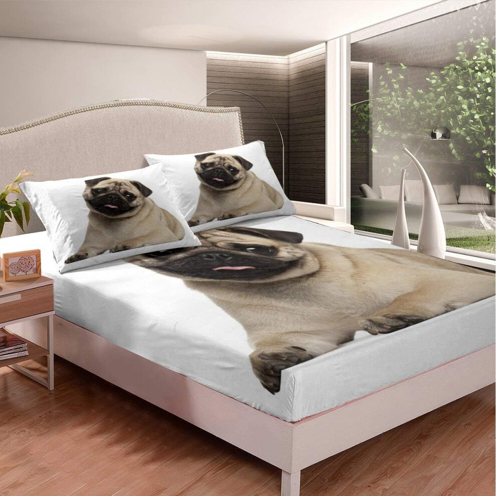 ((No Comforter)) Tbrand Children Dog Bedding Decor Set,Cute Pug Puppy Lovely Animal Pet Fitted Sheet & Pillow Sham Set,Decorative,Double Size for Kids Boys Girls