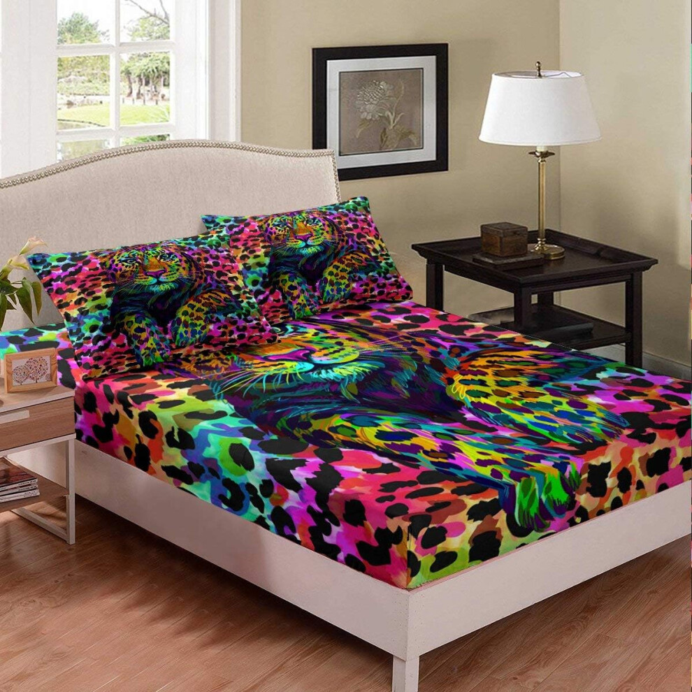 ((No Comforter)) Tbrand Cheetah Fitted Sheet & Pillow Sham Set Double Size,Colorful Leopard Printed for Kids Boys Girls Teens,Africa Leopard Pattern Decorative for