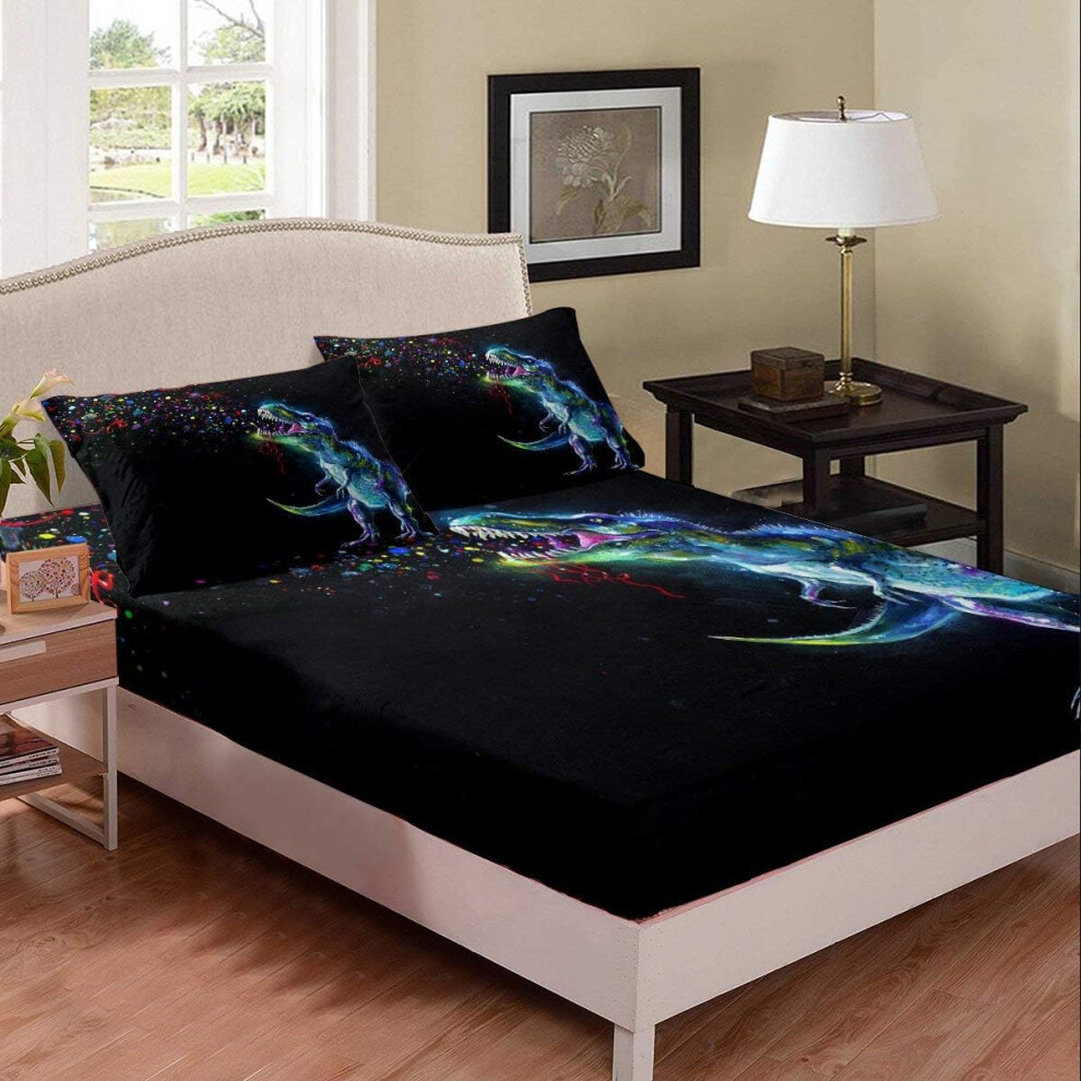 ((No Comforter)) Greneric Dinosaur Bedding Decor Set Glowing Rex Bedding Decor Set Tie Dye Fitted Sheet & Pillow Sham Set for Kids Boys Girls Bubble Watercolor Ancient