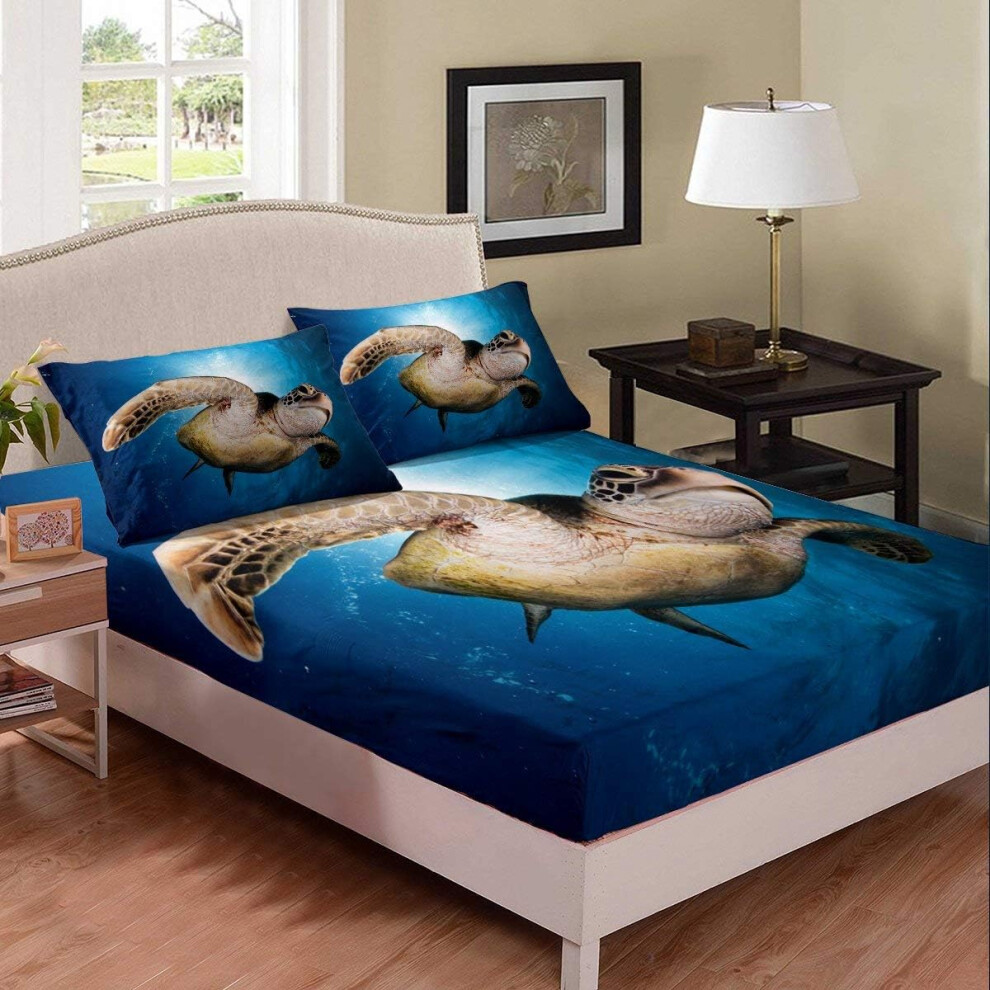 ((No Comforter)) Ocean Turtle 3 Piece Bedding Decor Set Swimming In Deep Sea Fitted Sheet & Pillow Sham Set Underwater Animal bedding sets for Kids Bo