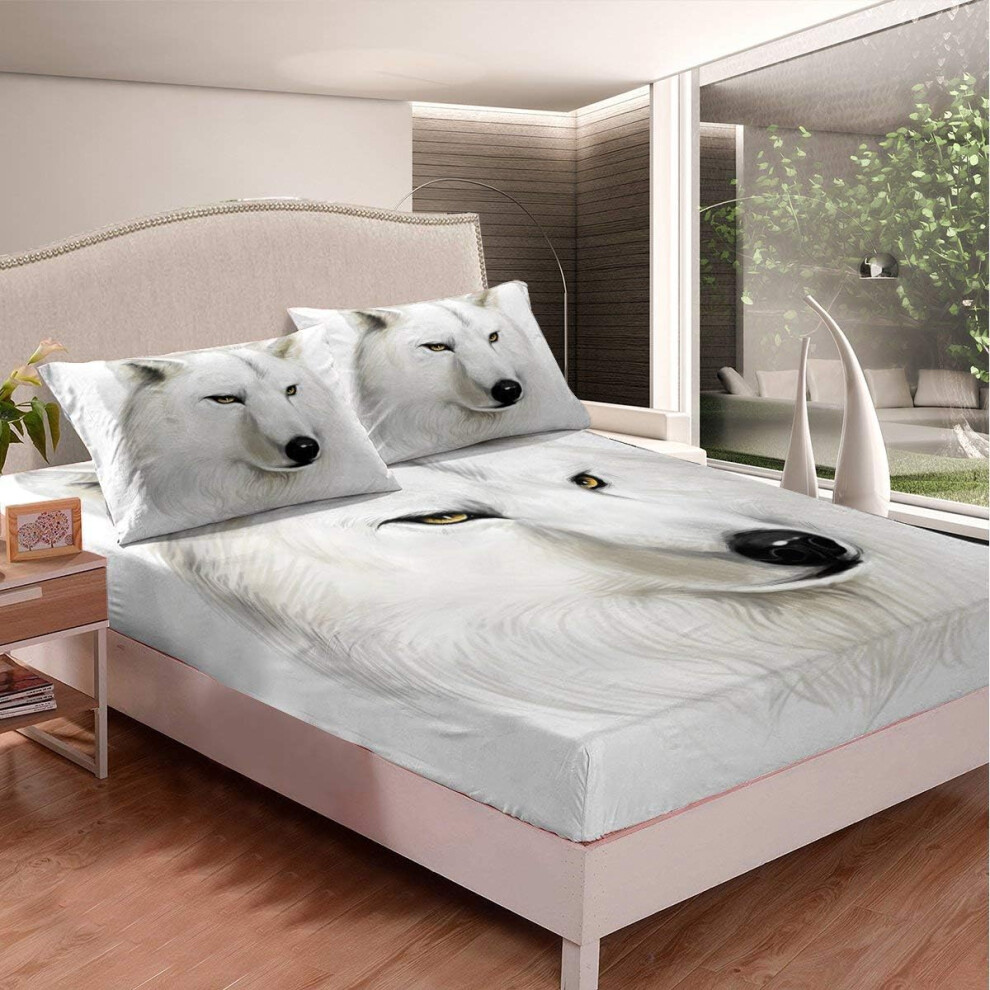 ((No Comforter)) Kids Wolf Bedding Decor Set Double Size Tribal Exotic Bedding Decor Set Wildlife Animal Fitted Sheet & Pillow Sham Set for Boys Girls Teens Adult Whit