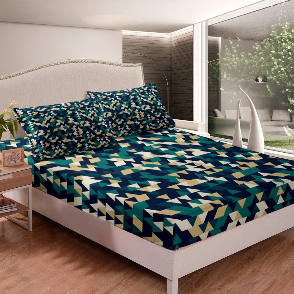 ((No Comforter)) Geometric Triangle Fitted Sheet & Pillow Sham Set for Kids Teens Adult,Diamond Pattern 3 Piece Bedding Decor Set,Country Style Abstract Art 3 Piece