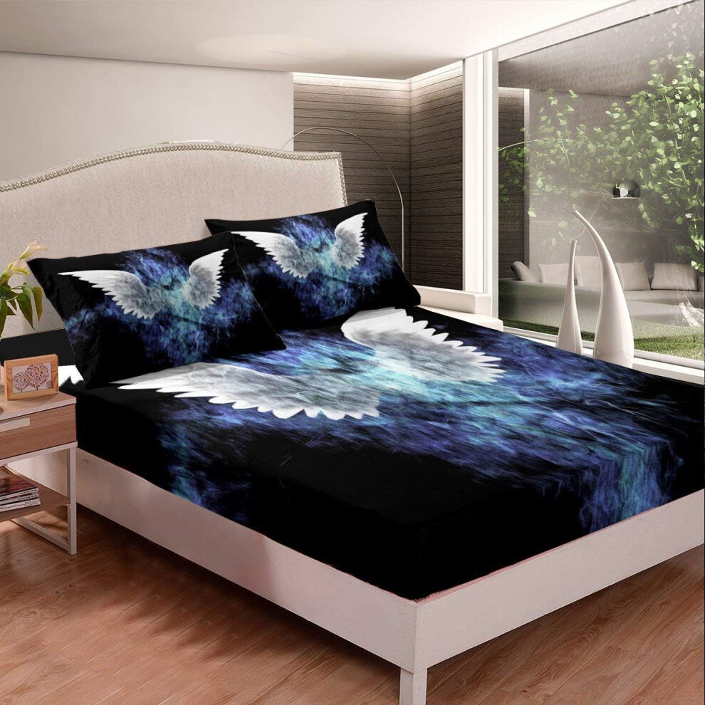 ((No Comforter)) Teens White Wings 3 Piece Bedding Decor Set Deep Pocket,Abstract Art Design Fitted Sheet & Pillow Sham Set for Kids Boys Girls Lightning 3 Piece