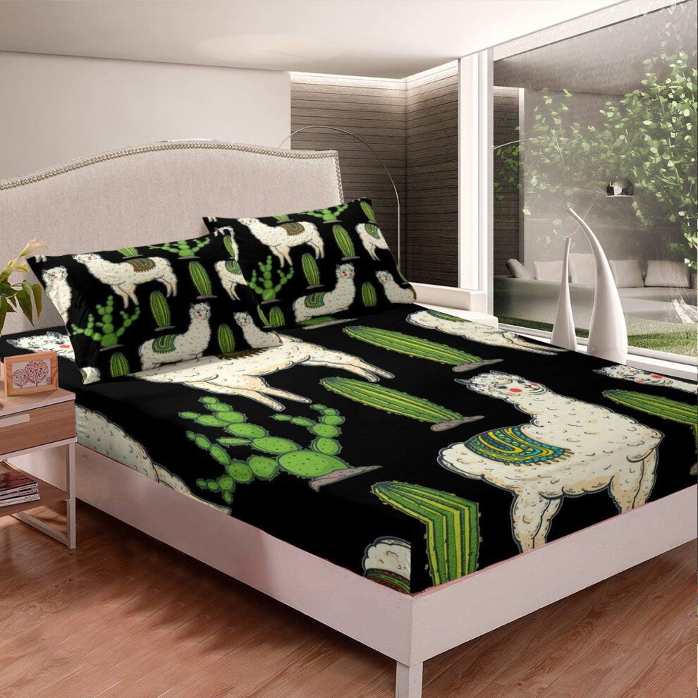 ((No Comforter)) Greneric Cartoon Alpaca Fitted Sheet & Pillow Sham Set,Llama Fitted Bed Sheets Cactus Desert Animal Plant Prickly Pear Exotic 3 Piece Bedding Decor
