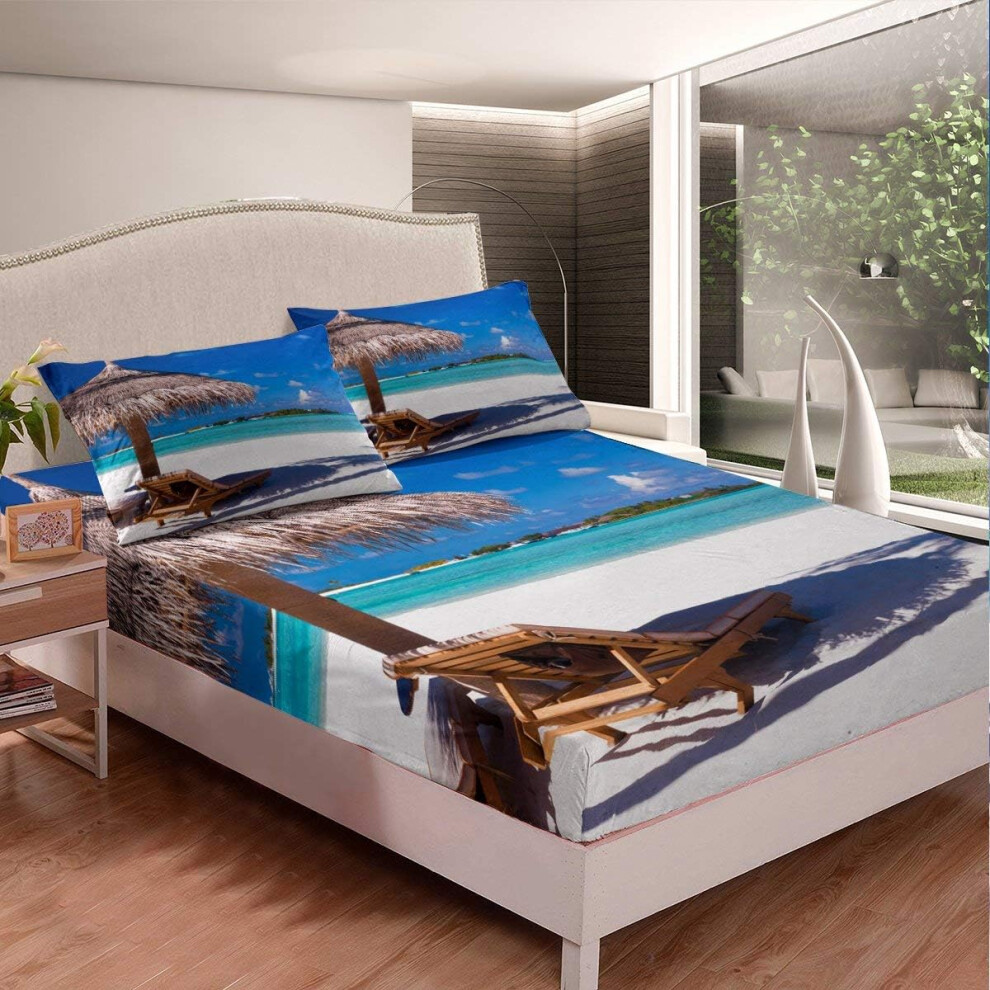 ((No Comforter)) Beach Fitted Sheet & Pillow Sham Set,Blue Ocean Sea Hawaiian Islands Sky Cloud 3 Piece Bedding Decor Set for Kids Boys Girls Teens Adult,Decorative 3